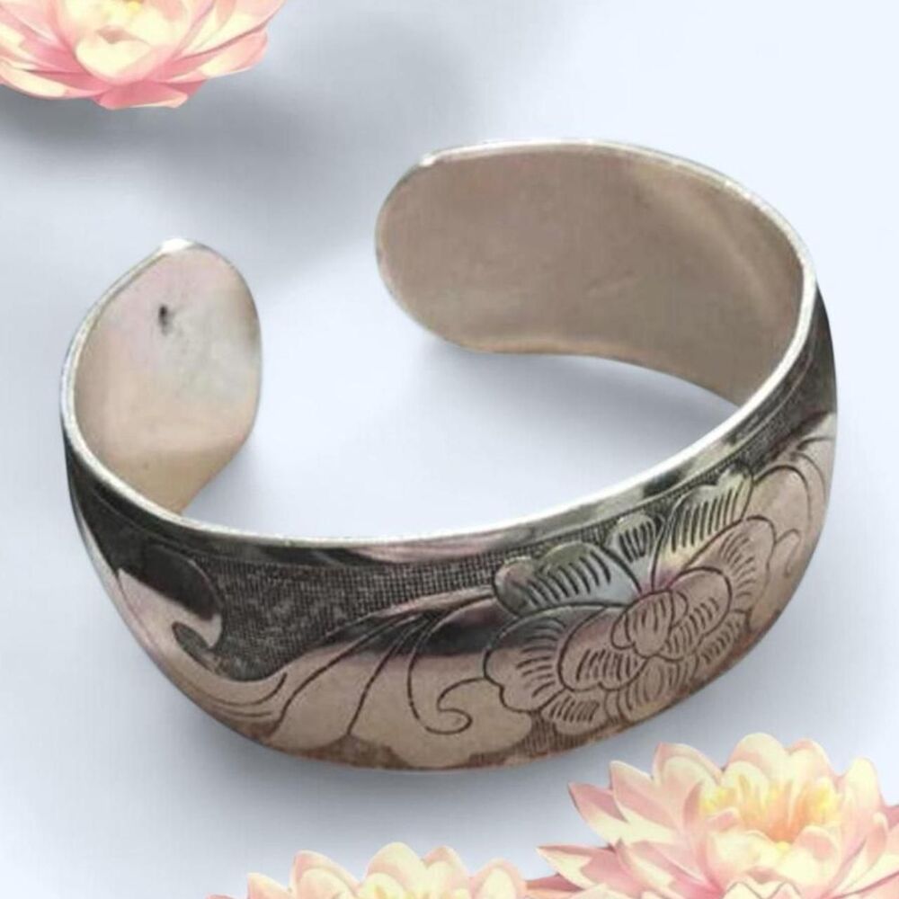 antique style silver plated lotus adjustable cuff bracelet